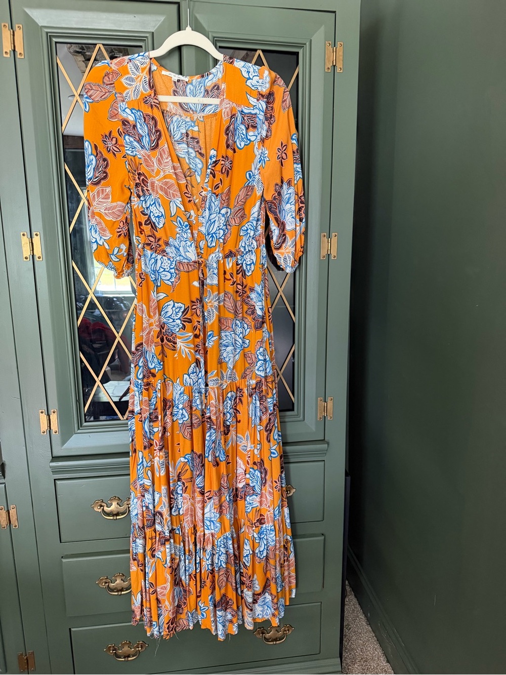 Free People Orange Maxi Dress with Blue Floral Print